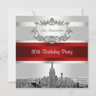 Convite NYC Etch Skyline, White BG, Red Ribbon Birday