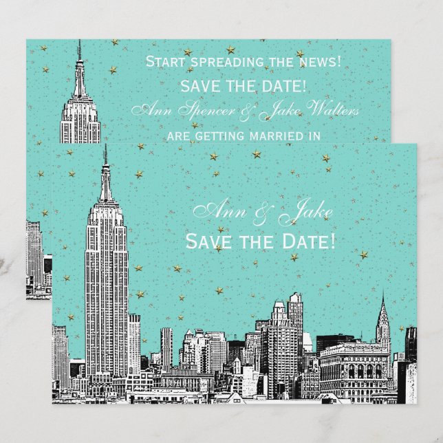 Convite NYC Skyline 01 Etch DIY BG Cor Salvar Data Tur (Frente/Verso)
