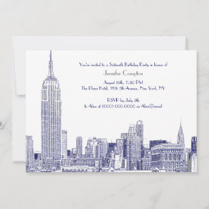 Convite NYC Skyline 01 Etch Wht Sweet 16 Party Blue