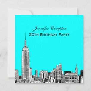 Convite NYC Skyline 01 Gravado DIY BG Cor SQ Aniversário F