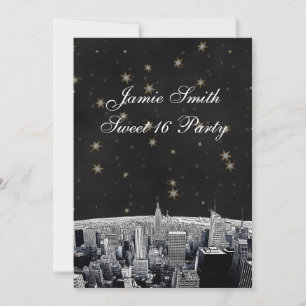 Convite NYC Skyline 2 Black Dourado Star Sweet 16 V
