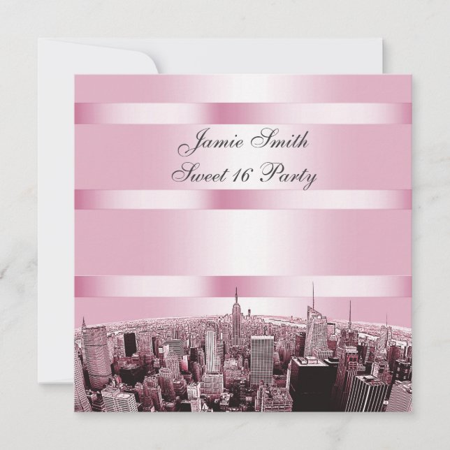 Convite NYC Skyline 2 Black Pink Sweet 16 Party (Frente)