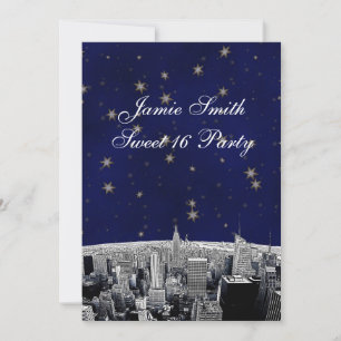 Convite NYC Skyline 2 Blue Dourada Star Sweet 16 V