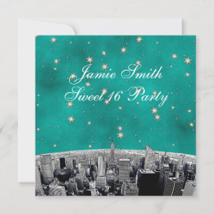 Convite NYC Skyline 2 Teal Dourado Star Sweet 16