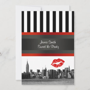 Convite NYC Skyline Bk Wht Strp Red Kiss 16 Party