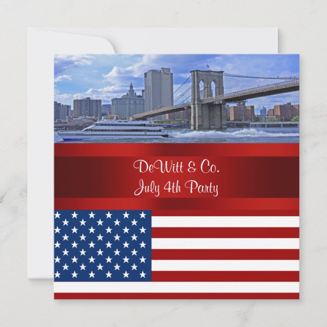 Convite NYC Skyline Bklyn Bridge EUA Flag Red W Blue Party (Frente)
