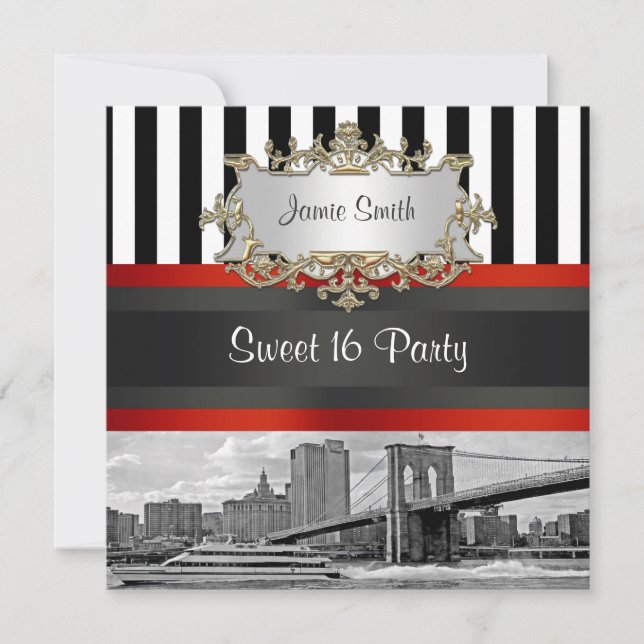 Convite NYC Skyline Brooklyn Bridge Boat 2 Sweet 16 Invite (Frente)