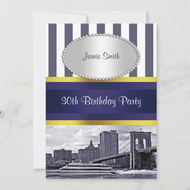 Convite NYC Skyline Brooklyn Bridge Boat Blue Wt2 Aniversá (Frente)