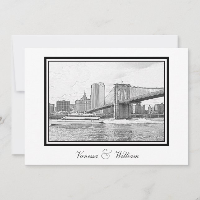 Convite NYC Skyline Brooklyn Bridge Boat BW Etchd Casament (Frente)