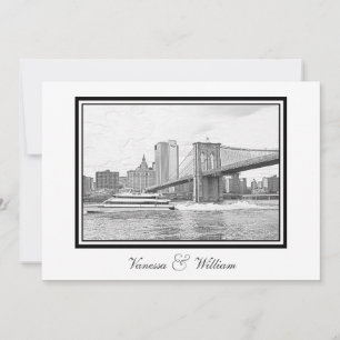 Convite NYC Skyline Brooklyn Bridge Boat BW Etchd Casament