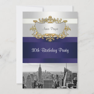 Convite NYC Skyline BW 05 White, Marinho Blue Birthday Con