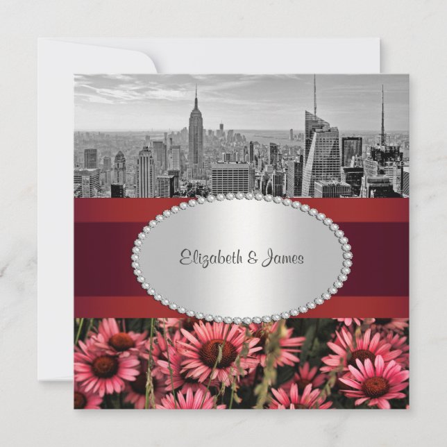 Convite NYC Skyline BW 1A Flores de Alta Linha 1 Casamento (Frente)