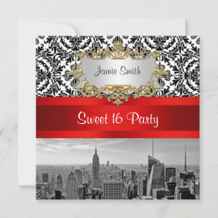 Convite NYC Skyline BW 432 Damask - Sweet 16 Party Invite