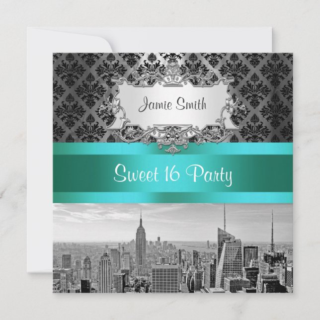 Convite NYC Skyline BW B3 Damask - Sweet 16 Party Invite (Frente)