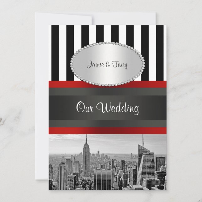 Convite NYC Skyline BW Black White Stripe 2P Casamento (Frente)