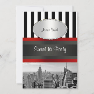 Convite NYC Skyline BW Black White Stripe 2P Sweet 16