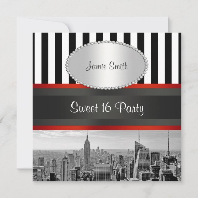 Convite NYC Skyline BW Black White Stripe P Sweet 16 Party (Frente)