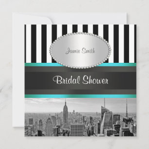 Convite NYC Skyline BW Blk Whit Strp Teal P Chá de panela