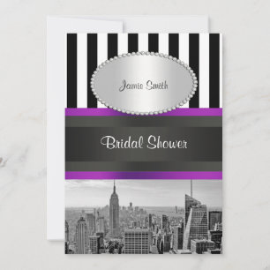 Convite NYC Skyline BW Blk Whp Strp Purple Chá de panela P