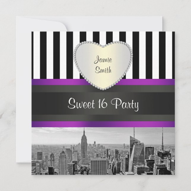 Convite NYC Skyline BW Blk Wht Strp Purpl H Doce 16 Party (Frente)