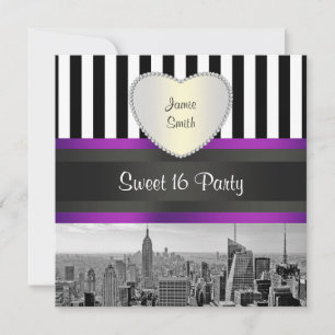 Convite NYC Skyline BW Blk Wht Strp Purpl H Doce 16 Party