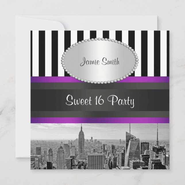Convite NYC Skyline BW Blk Wht Strp Purpl P Sweet 16 Party (Frente)