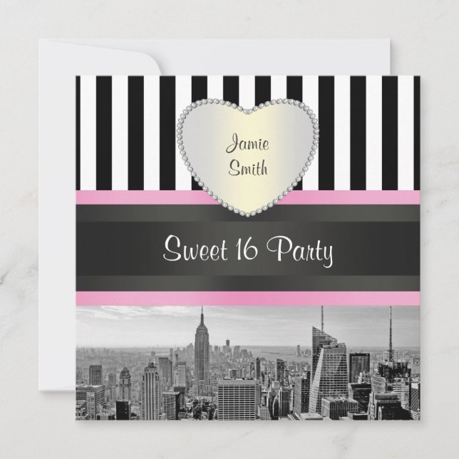 Convite NYC Skyline BW Blk Wht Strp Rosa H Doce 16 Festa (Frente)