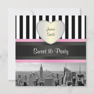 Convite NYC Skyline BW Blk Wht Strp Rosa H Doce 16 Festa