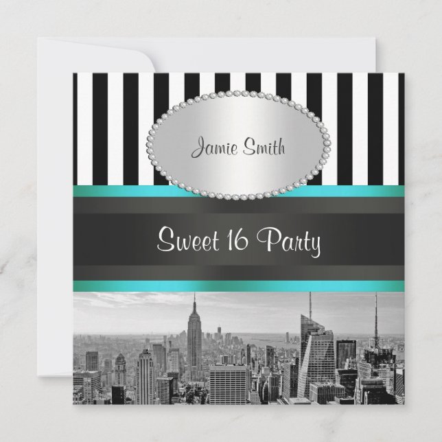Convite NYC Skyline BW Blk Wht Strp Teal P Sweet 16 Party (Frente)