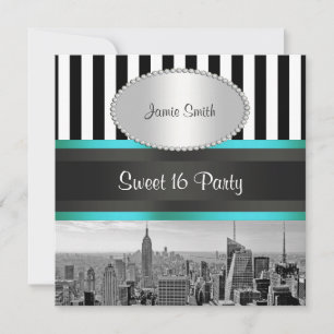 Convite NYC Skyline BW Blk Wht Strp Teal P Sweet 16 Party