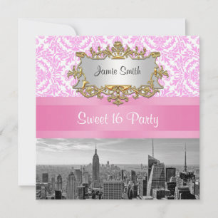 Convite NYC Skyline BW D4P Rosa Damask Sweet 16 Party