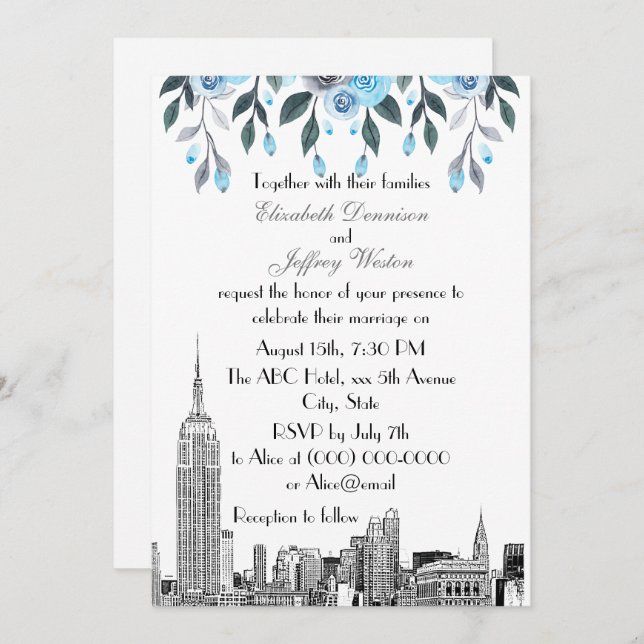 Convite NYC Skyline ESB Etch Blue Cinza Casamento Floral (Frente/Verso)