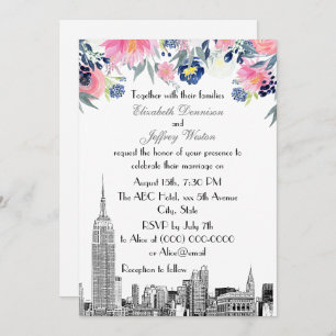 Convite NYC Skyline ESB Etch Blue Floral Casamento Rosa