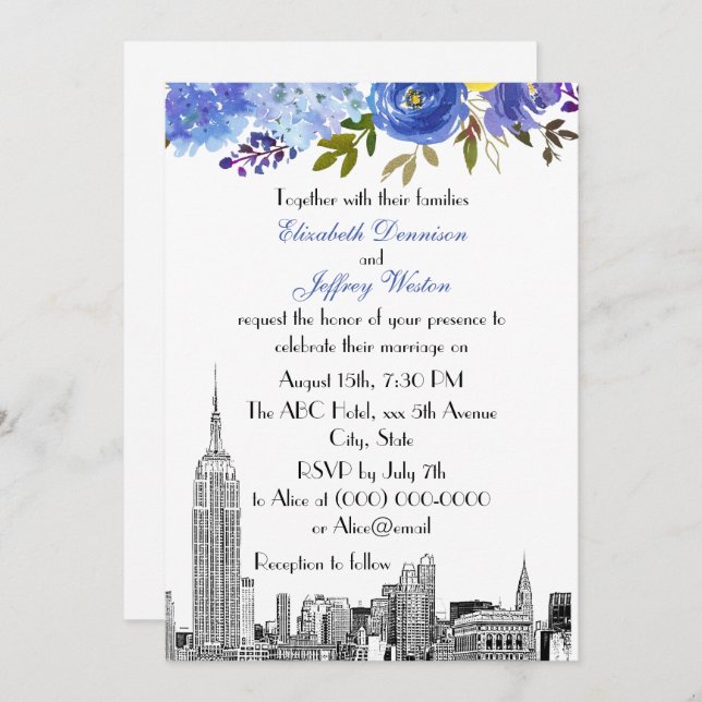 Convite NYC Skyline ESB Etch Blue Yellow Floral Casamento (Frente/Verso)