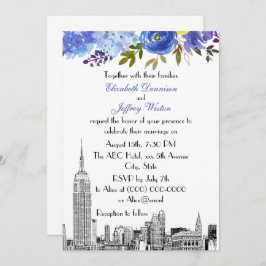 Convite NYC Skyline ESB Etch Blue Yellow Floral Casamento