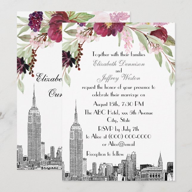 Convite NYC Skyline ESB Etch Burgundy Casamento Floral Ros (Frente/Verso)
