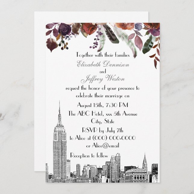 Convite NYC Skyline ESB Etch Burgundy Plum Floral Casament (Frente/Verso)