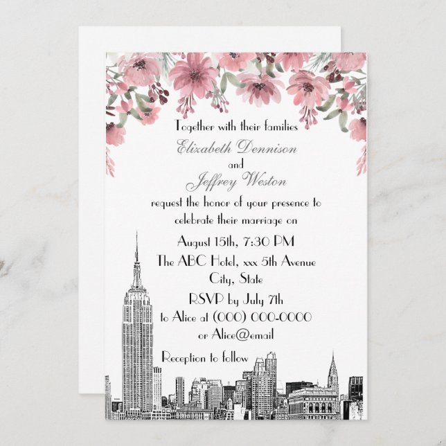 Convite NYC Skyline ESB Etch Casamento Floral Rosa (Frente/Verso)