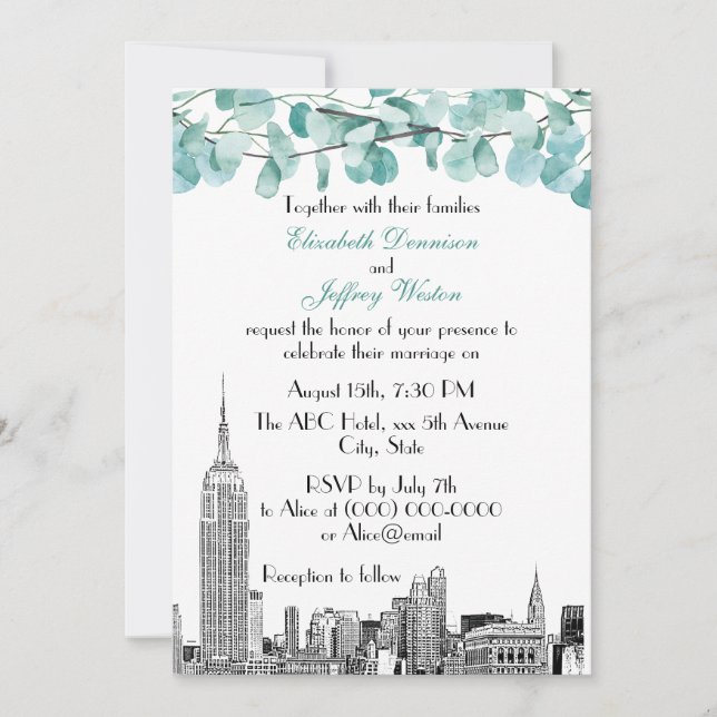 Convite NYC Skyline ESB Etch Eucalyptus Wedding (Frente)