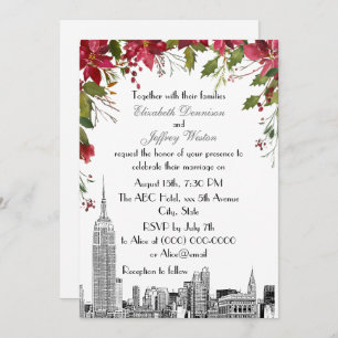 Convite NYC Skyline ESB Etch Holly Poinsettia Casamento