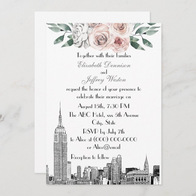 Convite NYC Skyline ESB Etch Lt Cinza Rosa Casamento Flora (Frente/Verso)