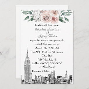 Convite NYC Skyline ESB Etch Lt Cinza Rosa Casamento Flora