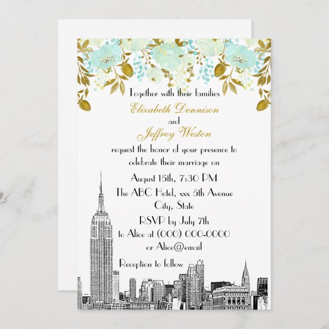 Convite NYC Skyline ESB Etch Mint Dourado Casamento Floral (Frente/Verso)