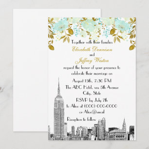 Convite NYC Skyline ESB Etch Mint Dourado Casamento Floral