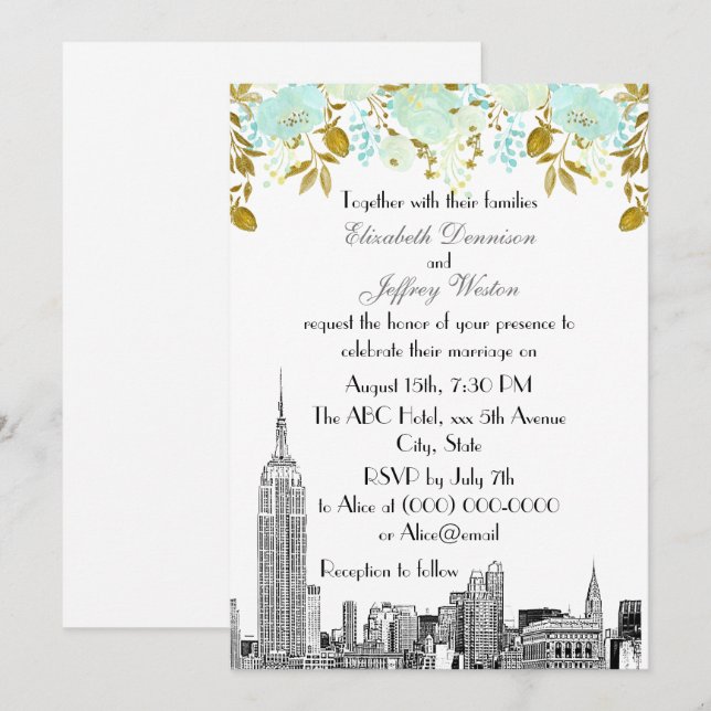 Convite NYC Skyline ESB Etch Mint Dourado Casamento Floral (Frente/Verso)