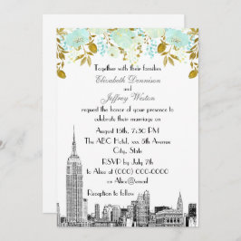 Convite NYC Skyline ESB Etch Mint Dourado Casamento Floral