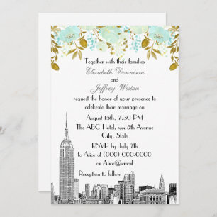 Convite NYC Skyline ESB Etch Mint Dourado Casamento Floral