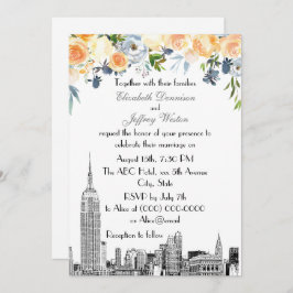Convite NYC Skyline ESB Etch Peach Blues Casamento Floral