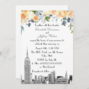 Convite NYC Skyline ESB Etch Peach Blues Casamento Floral