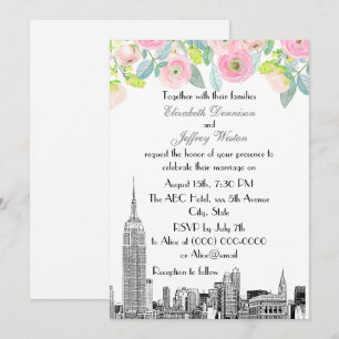 Convite NYC Skyline ESB Etch Pink Ranunculus Flowr Weding